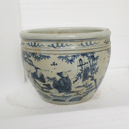BLUE AND WHITE PORCELAIN POT W/SEVEN SAGES OF BAMBOO GROVE